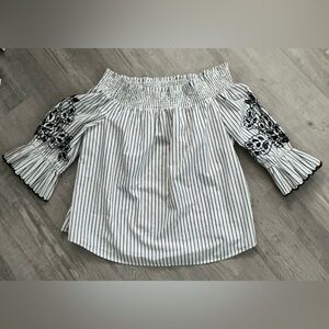 Chico's Off Shoulder top with black and white stripes